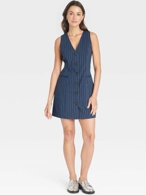 a new day Navy Pinstripe V-Neck Button-Front Mini Dress